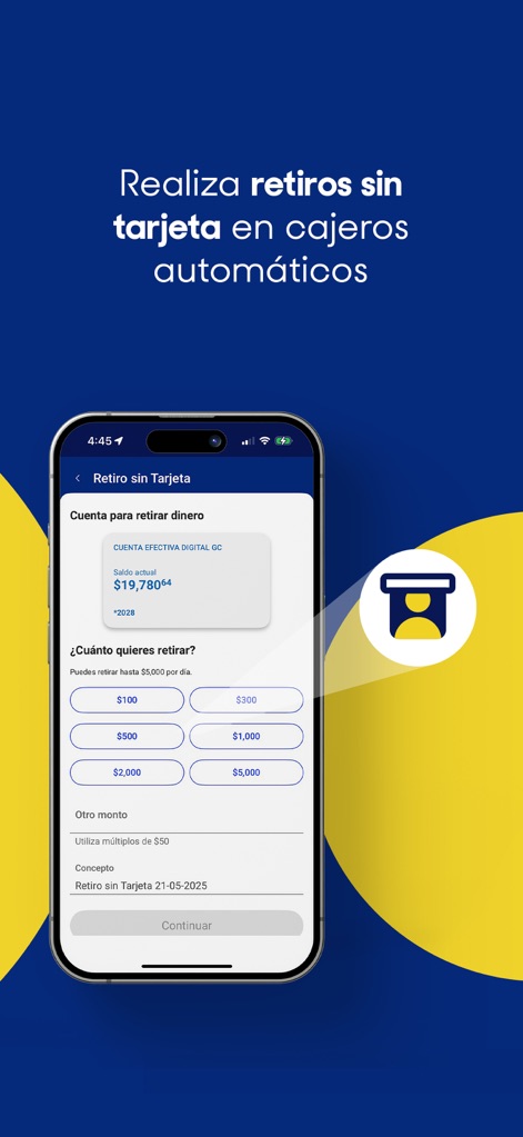 BanCoppel - This feature enables secure cardless withdrawals, clearly presenting the available balance and a selection of quick withdrawal amounts for user convenience.