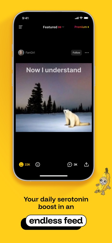 iFunny－funny videos，memes，GIFs - La función de 'endless feed' se ilustra con un meme de un oso polar, mostrando una experiencia de desplazamiento continuo y las opciones para dar "Me gusta" y compartir el contenido.