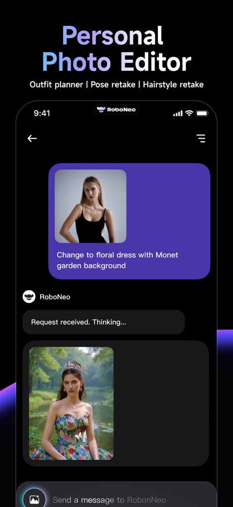 RoboNeo - La aplicación permite la edición fotográfica avanzada con lenguaje natural, transformando un atuendo simple en un 'vestido floral' y ajustando el fondo a un 'jardín de Monet'.