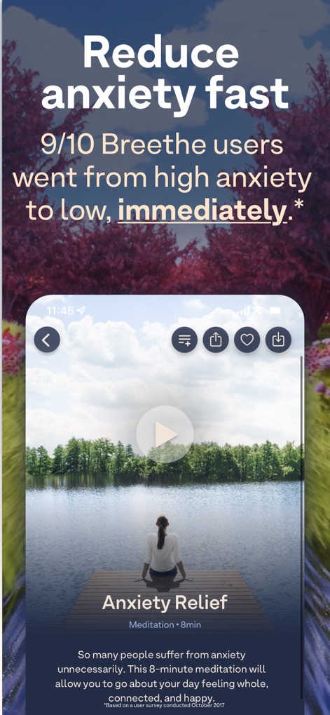 Breethe: Sleep & Meditation - La schermata evidenzia l'efficacia immediata dell'app nella riduzione dell'ansia, come illustrato dalla statistica "9/10 Breethe users" e da una sessione di "Anxiety Relief" di 8 minuti.