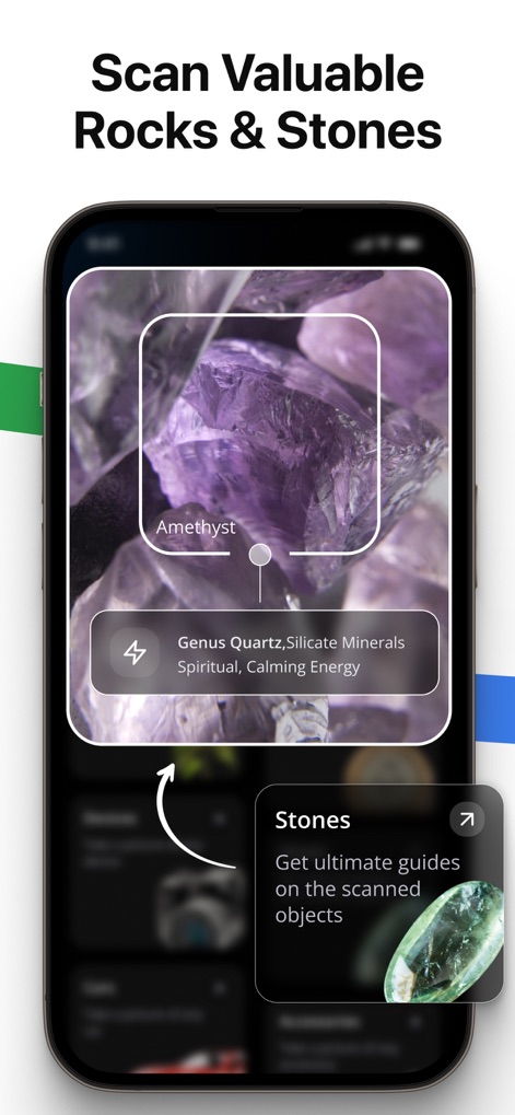Lens AI: Identify Anything - This interface facilitates the identification of minerals, showcasing an amethyst crystal and its associated genus.