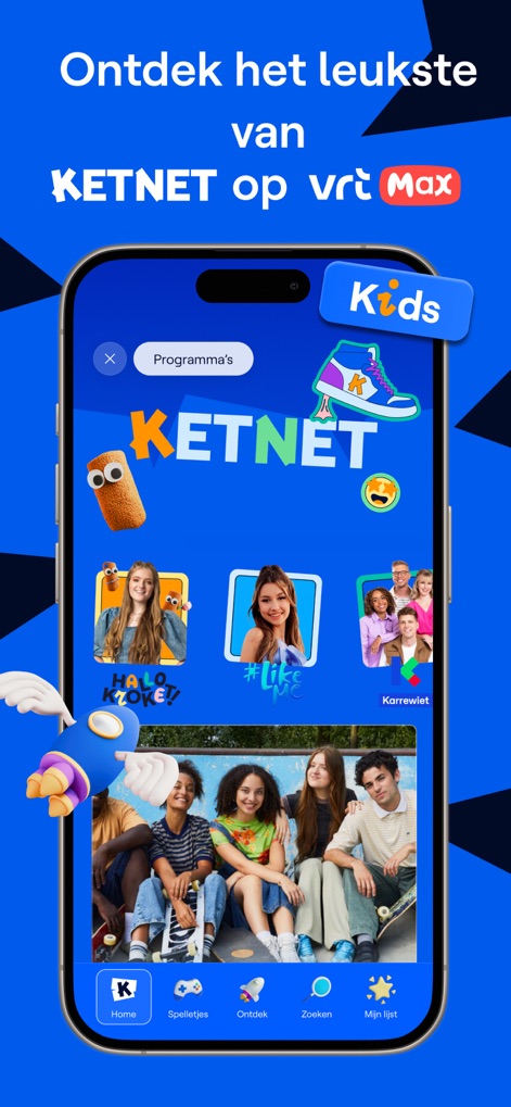 VRT MAX - Uma zona "Kids" dedicada oferece entretenimento para os mais jovens, com um menu de "Programma's" e personagens animados para engajamento infantil.