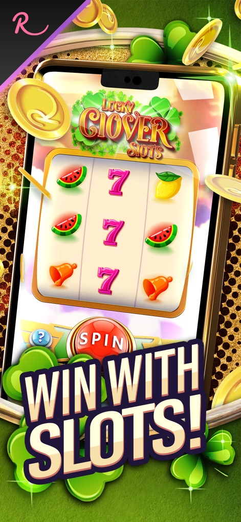 Lucky Match: Win Real Money - Explore the 'Lucky Clover Slots' interface, featuring traditional slot machine reels and a prominent 'Spin' button for instant play.