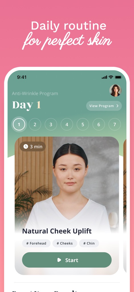 Luvly: Face Yoga Exercises - Questo screenshot mostra una "Daily routine" con un esercizio specifico come "Natural Cheek Uplift", indicando i benefici per diverse aree come "#Forehead" e "#Cheeks" con un layout chiaro e intuitivo.