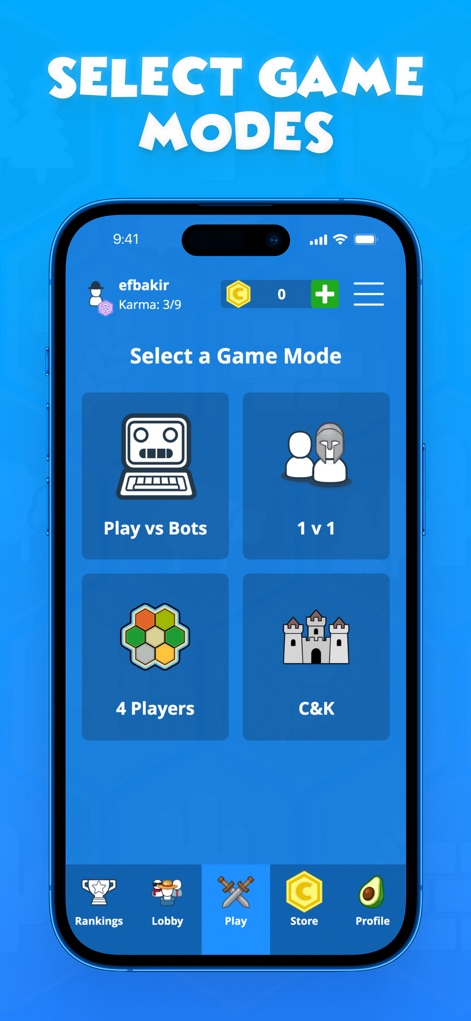 Colonist.io - Nutzer wählen aus verschiedenen Spielmodi wie 'Gegen Bots spielen' oder '1-gegen-1' über eine klar strukturierte Oberfläche mit einer intuitiven Navigationsleiste.