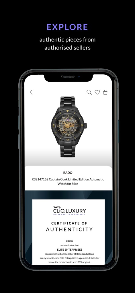 Tata CLiQ Luxury Shopping App - The product detail page clearly displays an item, such as a luxury watch, and reinforces trust with a visible 'CERTIFICATE OF AUTHENTICITY'.