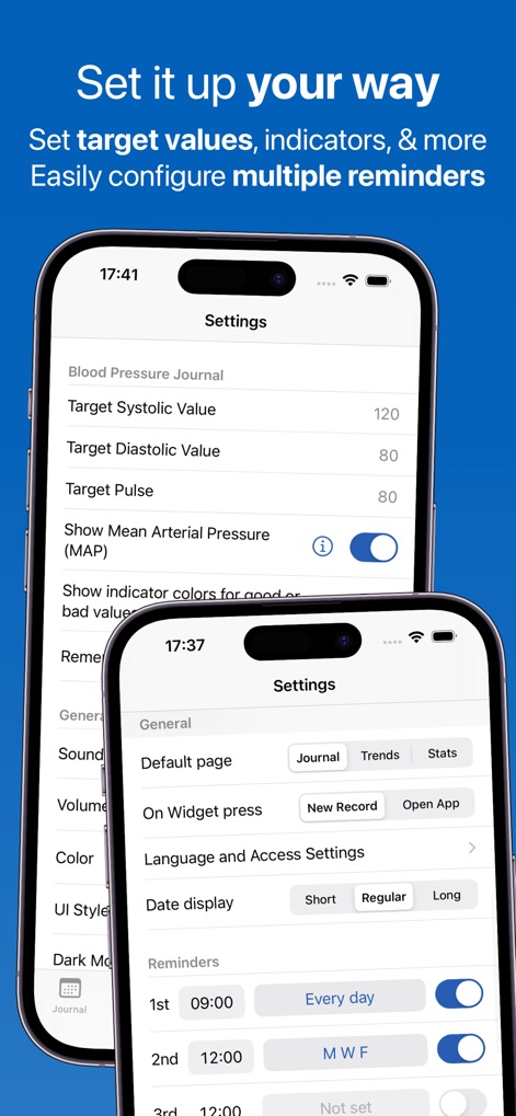 Blood Pressure Log Feeltracker - Los usuarios pueden personalizar su experiencia al establecer valores objetivo de presión arterial y configurar múltiples recordatorios para asegurar un seguimiento consistente y adaptado a sus necesidades.