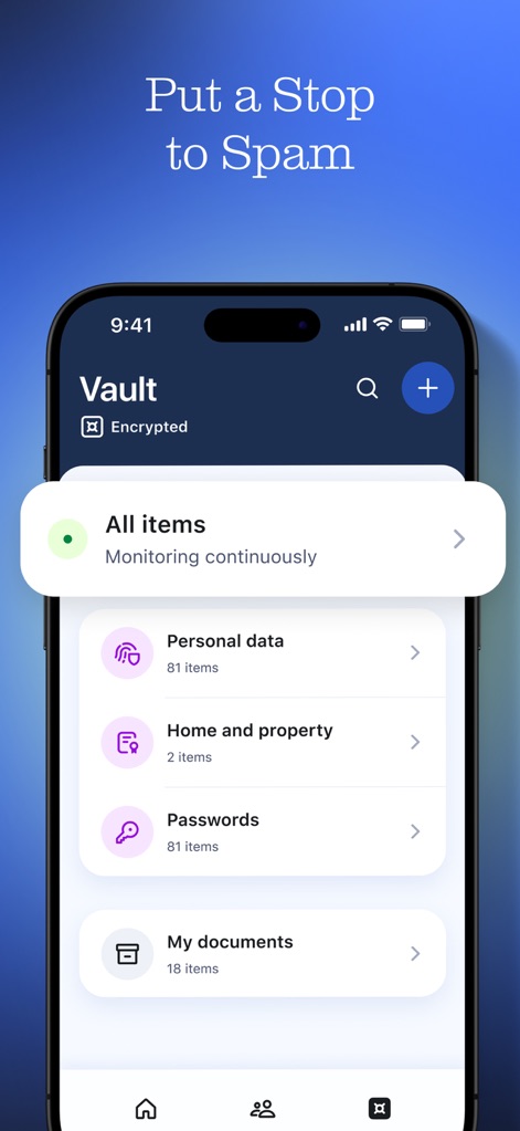Aura: Security & Protection - This tool showcases its "Vault" feature, where "All items" are continuously monitored and categorized into sections like "Personal data" and "Passwords".