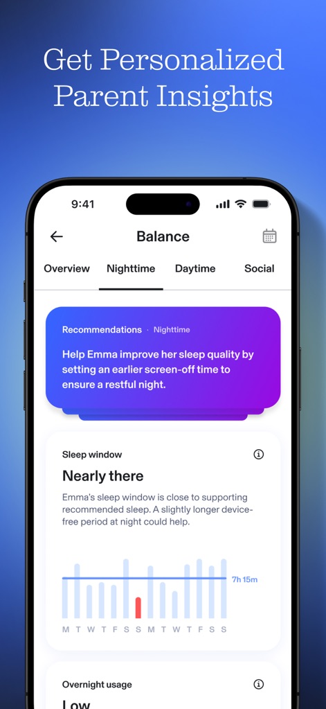 Aura: Security & Protection - The app offers "Recommendations" for improving sleep quality and detailed "Sleep window" data to help parents manage their children's digital well-being.