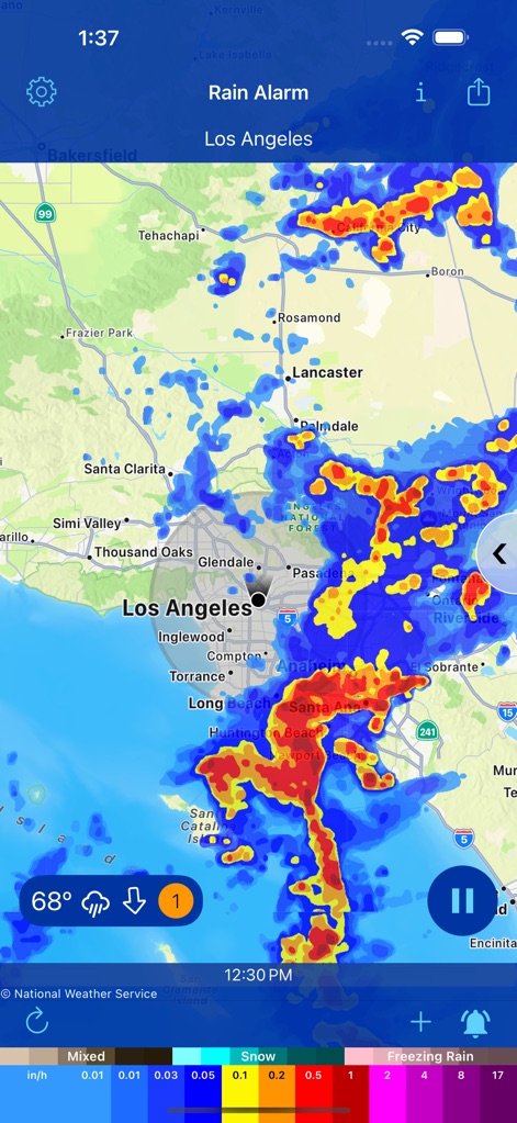 Rain Alarm Live Weather Radar - This tool displays an interactive, real-time radar map over Los Angeles, detailing current precipitation with a color-coded intensity legend for clarity.