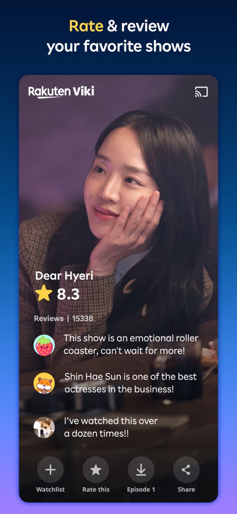 Viki: Asian Dramas, Movies, TV - La aplicación fomenta la interacción permitiendo a los usuarios calificar series con una puntuación como "8.3" y dejar comentarios detallados sobre el contenido, como se ve en "Dear Hyeri".