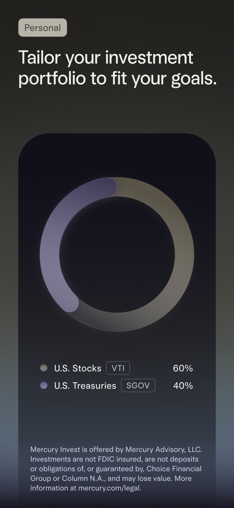 Mercury | Bank Differently - Users can visualize their investment strategy with the "investment portfolio allocation chart" and clearly see the "asset class percentages" for informed decision-making.