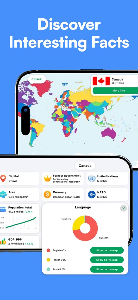 StudyGe - World Geography Quiz - Users can explore comprehensive country profiles, featuring vital statistics such as 'Population, total' data and a detailed 'Language' breakdown.