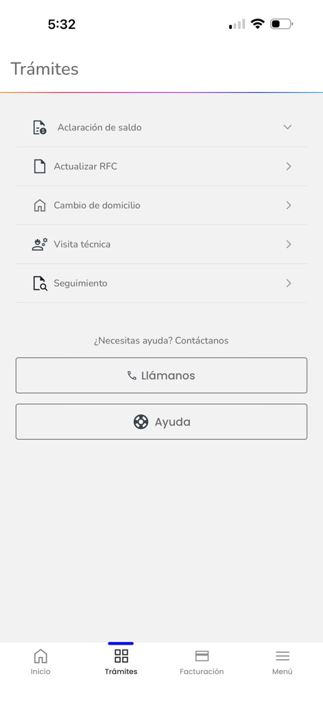 Mi App Sky - The app empowers users with a clear list of self-service procedures, alongside direct contact buttons for additional support.