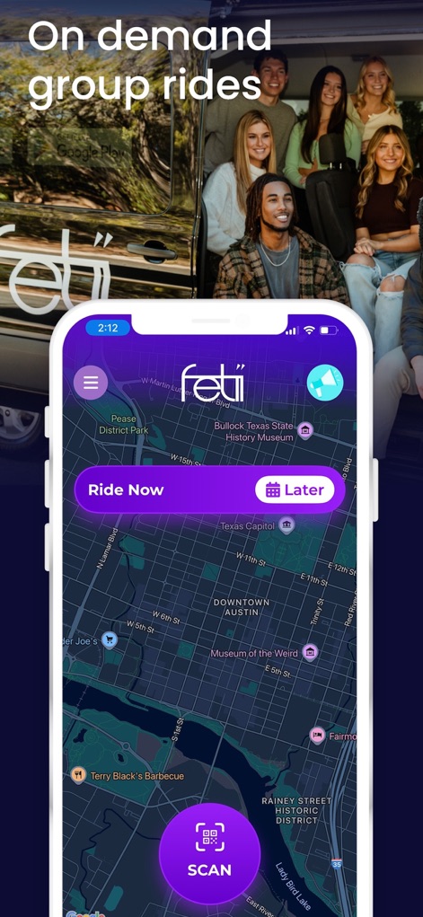 Fetii Ride - Discover how the app streamlines ride planning with clear 'Ride Now' or 'Later' scheduling options and an intuitive map interface for pinpointing destinations.