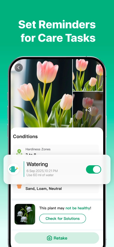 PlantLush: Plant ID & Care Pro - Nutzer können Erinnerungen für Pflegeaufgaben einstellen, wie das Bewässerungs-Widget für Tulpen und die Warnmeldung "This plant may not be healthy!", die auf mögliche Probleme hinweist.