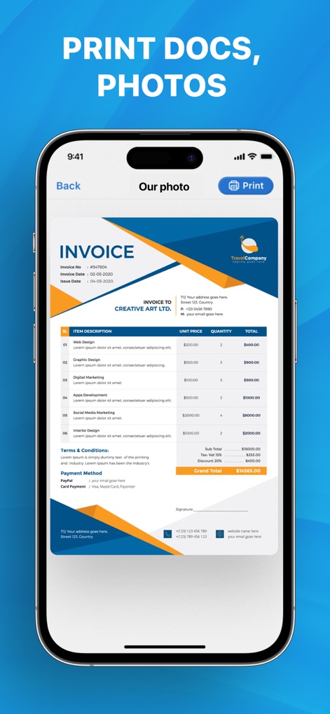 ‎Smart Printer App: iPrint - Users can effortlessly preview and print various documents, such as the displayed invoice, and photos directly from their iPhone with a tap of the print button.