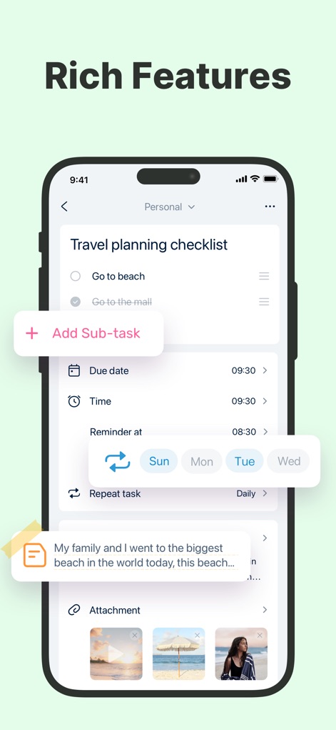 Todoery - Todo List & Reminder - Discover advanced task features like adding 'sub-tasks' and setting 'repeat task' options for thorough planning.