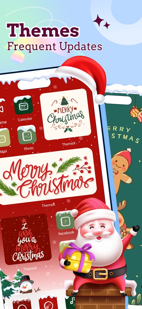 ThemeX: App Icons & My Widgets - O aplicativo oferece atualizações frequentes de temas, como visto neste exemplo festivo que apresenta ícones de aplicativos com decoração natalina e widgets temáticos de 'Feliz Natal', celebrando a temporada.