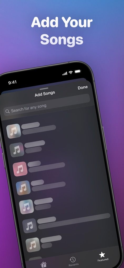 Mixy - Make Mashups - The app simplifies content creation by providing an intuitive search bar for songs and a structured list of tracks for quick selection.