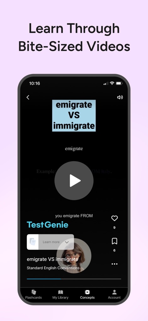 TestGenie: Digital SAT Prep - Los estudiantes pueden aprender con vídeos cortos y concisos, como el que explica "emigrate VS immigrate", presentados en un "reproductor de vídeo" de fácil acceso.