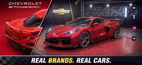 Racing Kingdom - Explore the game's impressive collection of real brands and cars, featuring the stunning Chevrolet Corvette showcased with incredible detail in a dedicated garage environment.
