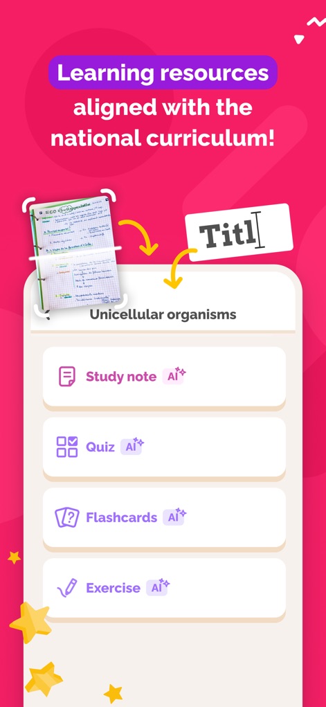 SchoolMouv - AI Tutor & Quiz - Admirez la transformation rapide de vos contenus en divers supports, comme une "Study note" détaillée et des "Flashcards" prêtes à l'emploi, toutes marquées du sceau "AI+" pour leur pertinence.