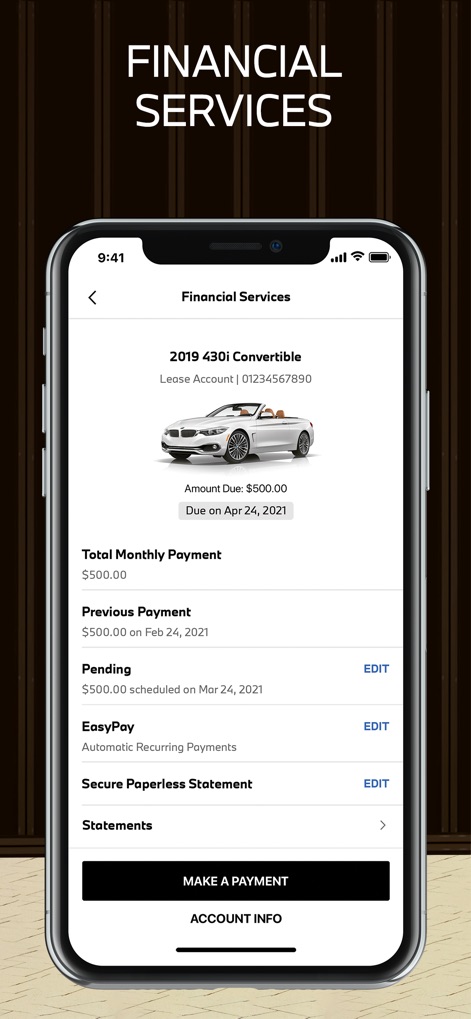 My BMW - The app allows users to manage their lease accounts, displaying total monthly payments and providing options for secure paperless statements.