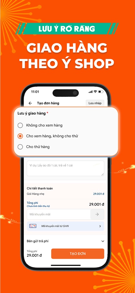 GHN - Giao Hàng Nhanh - La interfaz permite a los vendedores dictar las condiciones de entrega, evidenciando las opciones de visualización del producto y la capacidad de añadir instrucciones detalladas para cada pedido.