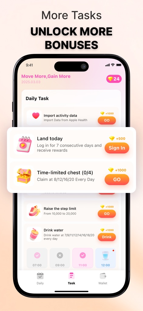 StepPay: Walk & Earn Rewards - Esta herramienta fomenta la participación con una lista de tareas diarias variadas, incluyendo desafíos como 'Importar datos de actividad' y registrar el consumo de bebidas como el té de burbujas.