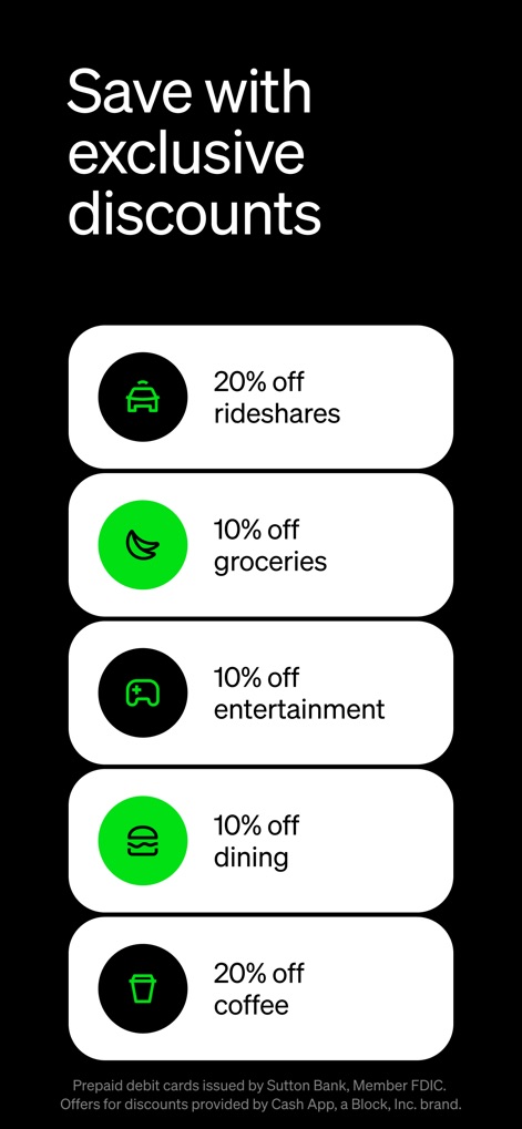 Cash App - カテゴリ別アイコンと具体的な割引率の表示により、交通費や食料品など、様々な場面でお得な特典が利用できることが視覚的に伝わります。