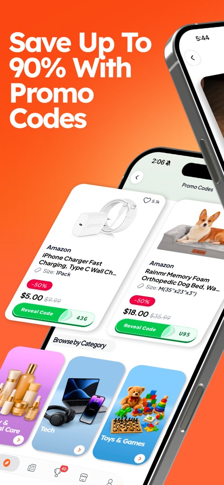 DealSeek: Coupons & Discounts App Store screenshot 3, headline “Save Up To 90% With Promo Codes”. Zoomed detail of the UI.