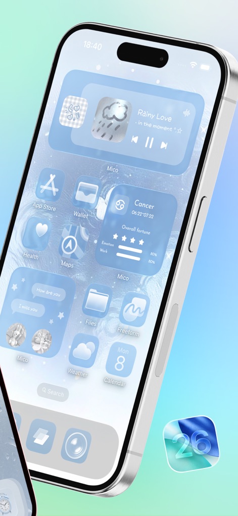 Mico - Widget & Live Wallpaper - Explore how users can personalize their home screen with a harmonious blue aesthetic, featuring a transparent music widget and a detailed horoscope display.