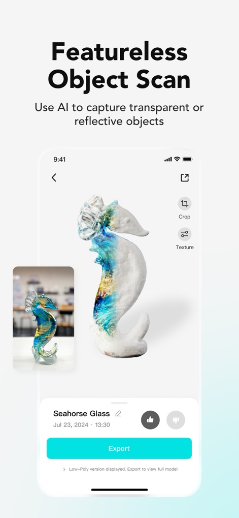 KIRI Engine:3D Scanner & LiDAR - Discover the app's advanced capability to scan challenging materials like reflective glass objects, producing accurate 3D models from original reference images.
