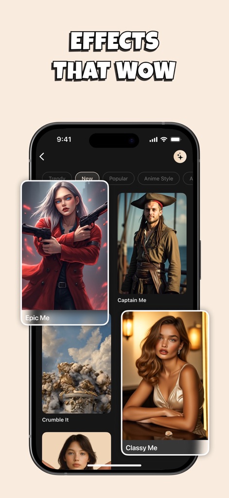 Pika Art - AI Video Effects - O aplicativo oferece uma vasta gama de estilos artísticos, como o 'Epic Me' e o 'Captain Me', permitindo aos usuários explorar diversas categorias de efeitos, incluindo 'Trendy' e 'Anime Style'.