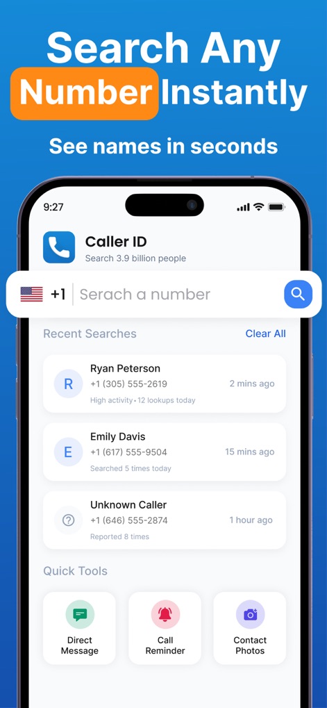 True CallerID: Spam Blocker - La interfaz permite buscar un número específico y ofrece resultados detallados con el nombre del contacto, además de mostrar el historial de "Recent Searches" y "Quick Tools" de acceso rápido.