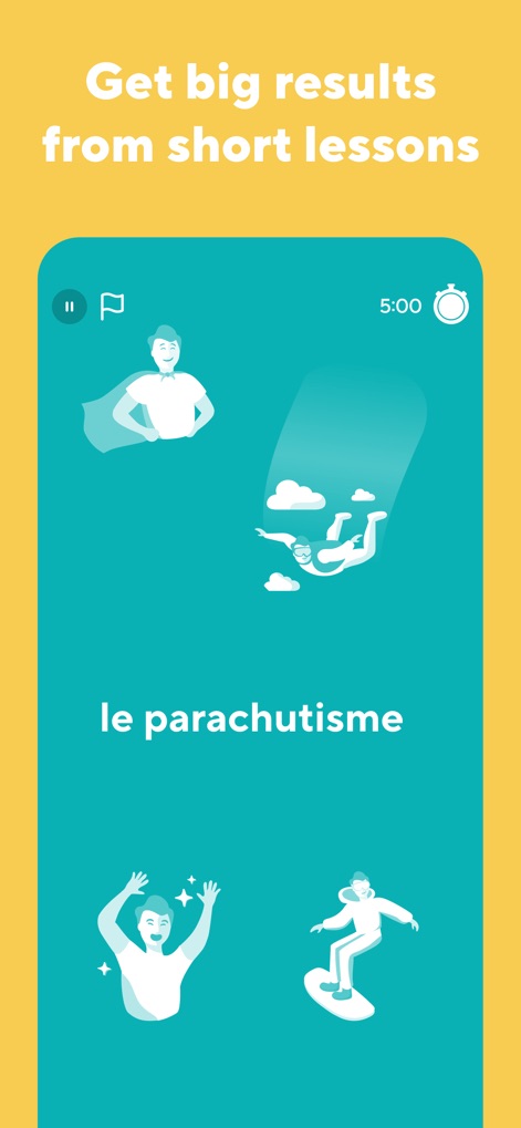 Drops: Language Learning Games - This tool optimizes learning with quick, focused sessions, featuring a clear 5-minute lesson timer and engaging custom illustrations for each new word.
