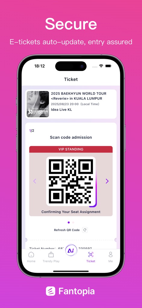 Fantopia - Dieses Tool zeigt einen dynamischen QR-Code für den sicheren Zutritt an und bietet eine "Refresh QR Code"-Funktion, um die Authentizität des Tickets zu gewährleisten.