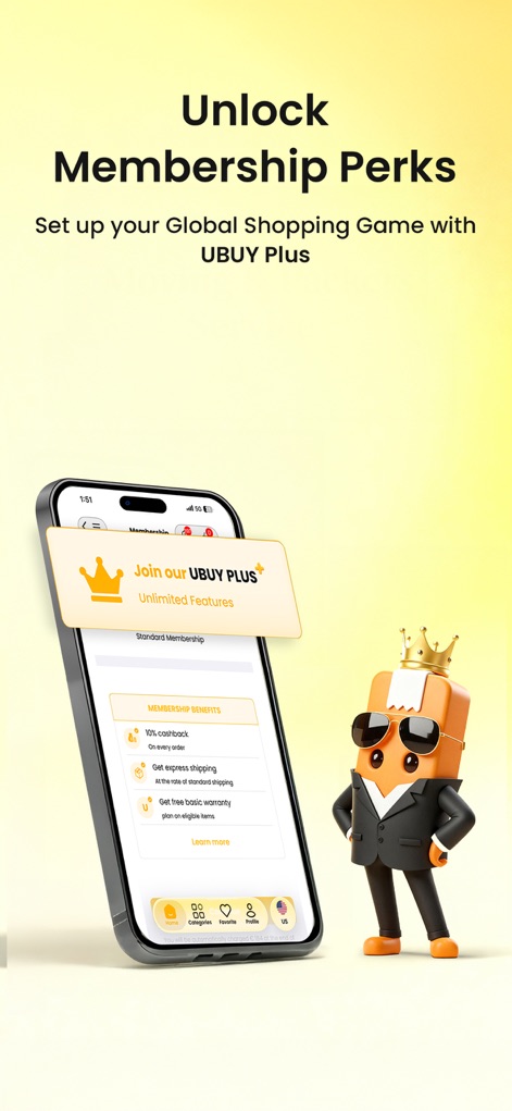 Ubuy: International Shopping - Users can 'Unlock Membership Perks' by joining 'Ubuy Plus', revealing exclusive benefits such as '10% cashback' and express shipping options.