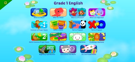 Starfall - L'app presenta una selezione strutturata di argomenti di grammatica inglese, includendo le definizioni di 'What is a Noun?' e le sfide sui 'Parts of Speech'.