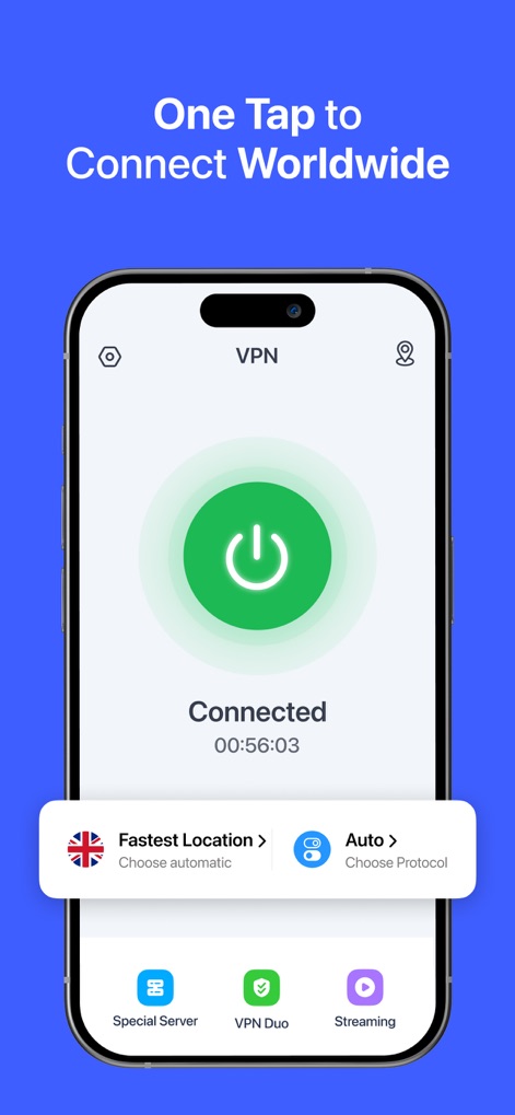 VPN for iPhone · - Esta captura ilustra la simplicidad de la conexión con un solo toque y la selección automática de la "Fastest Location" en el Reino Unido, junto con la opción de un protocolo "Auto" para mayor facilidad de uso.