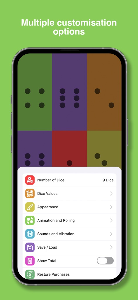 Dice Roller! - Die App bietet umfangreiche Anpassungsmöglichkeiten, die von detaillierten Einstellungen für das Erscheinungsbild der Würfel bis hin zur Konfiguration von Sounds und Vibrationen reichen.