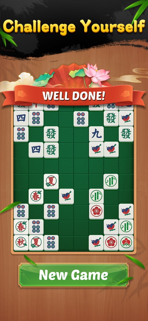 Daily Mahjong Match - Die Belohnung "WELL DONE!" nach einem erfolgreich gelösten Level wird hervorgehoben, ergänzt durch das ästhetische Design eines traditionellen Fächers und einer Lotusblüte, die die entspannende Atmosphäre unterstreichen.