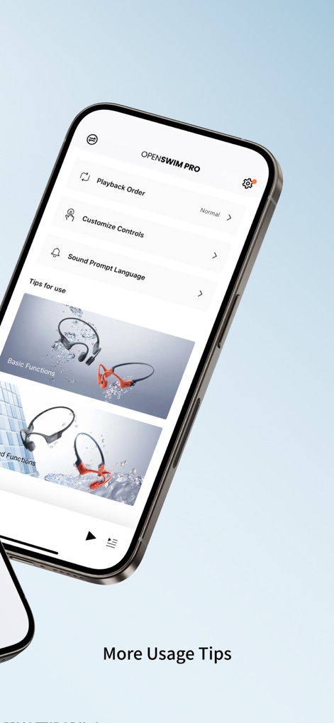 Shokz - Die App-Oberfläche offenbart vielseitige Einstellungsmöglichkeiten wie 'Playback Order' und 'Customize Controls' sowie den hilfreichen Bereich 'Tips for use', der die Anwendung der Kopfhörer detailliert erklärt.