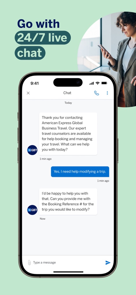 Amex GBT Mobile - This view highlights the direct chat functionality, connecting users to 'Amex GBT travel counselors' for real-time help with 'modifying a trip'.