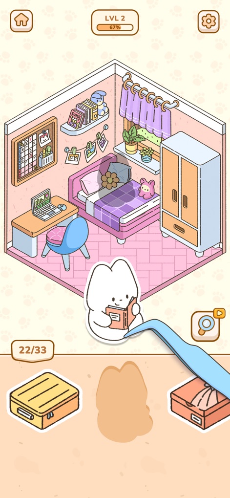 My Sticker Room - Decor Game - Observe the creation of a serene bedroom environment, showcasing both the detailed room decor and the intuitive sticker peeling interaction for item placement.