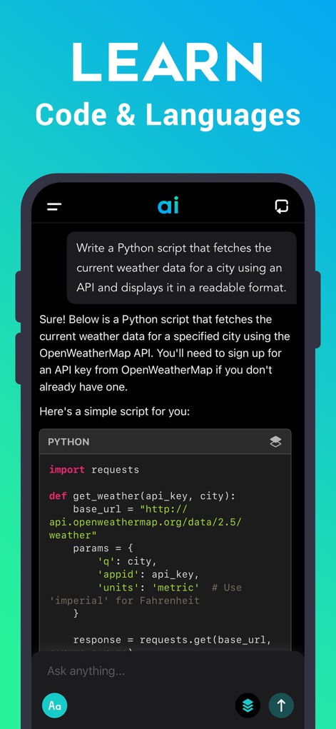 Chat AI - Personal Assistant - This tool supports learning new skills by providing clear code examples, like the Python script for weather data, and offering interactive guidance within the learning interface.