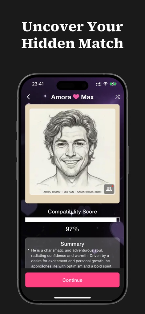Amora Max - Find Your Soulmate - This tool generates a unique soulmate sketch based on AI-powered analysis and clearly displays a high 'Compatibility Score' with a detailed 'Summary' of personality traits.