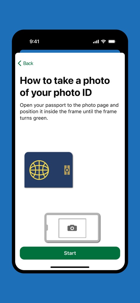 GOV.UK One Login - Una ilustración visual intuitiva guía sobre cómo 'position your photo page inside the white frame', mientras que el botón 'Start' da inicio al proceso de toma de fotografía.