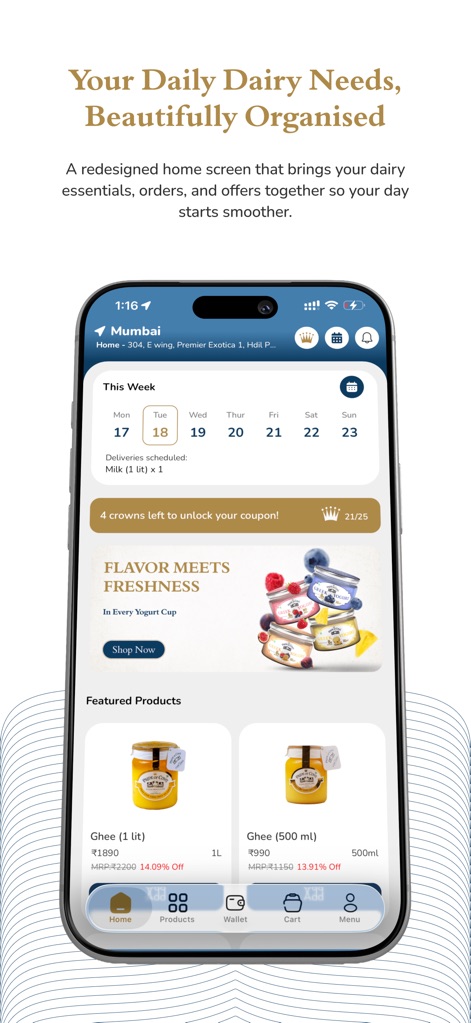 Pride of Cows - 再設計されたホーム画面では、ユーザーは効率的な配達スケジュール（X: 今週の配達予定）と、魅力的な特典付きの注目商品（Y: ギーなどの製品表示）を簡単に確認できます。